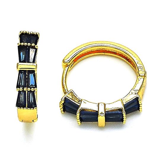 Oro Laminado Huggie Hoop, Gold Filled Style Baguette Design, with Sapphire Blue Cubic Zirconia, Polished, Golden Finish