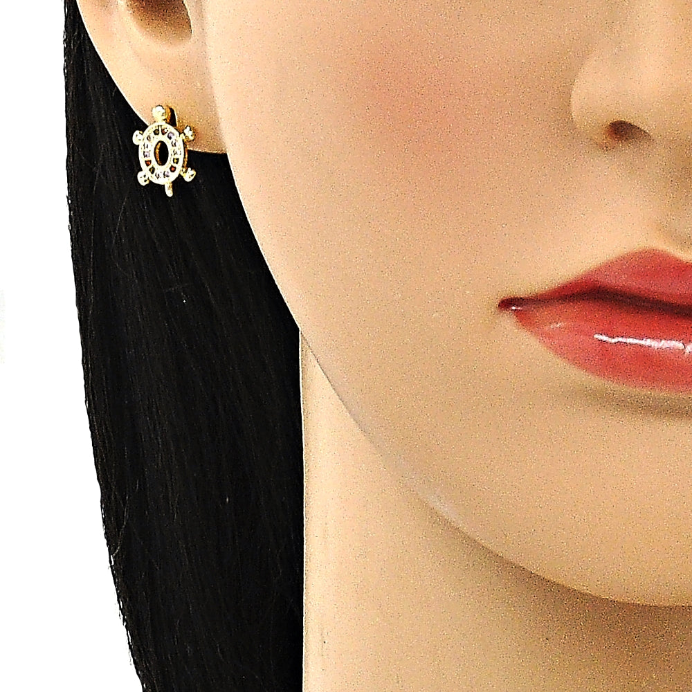 Oro Laminado Stud Earring, Gold Filled Style Turtle Design, with Multicolor Micro Pave, Polished, Golden Finish