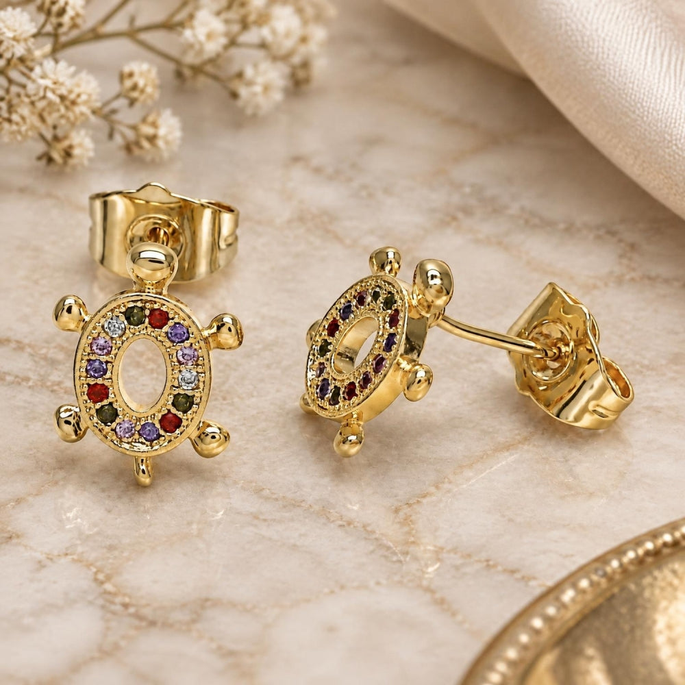 Oro Laminado Stud Earring, Gold Filled Style Turtle Design, with Multicolor Micro Pave, Polished, Golden Finish