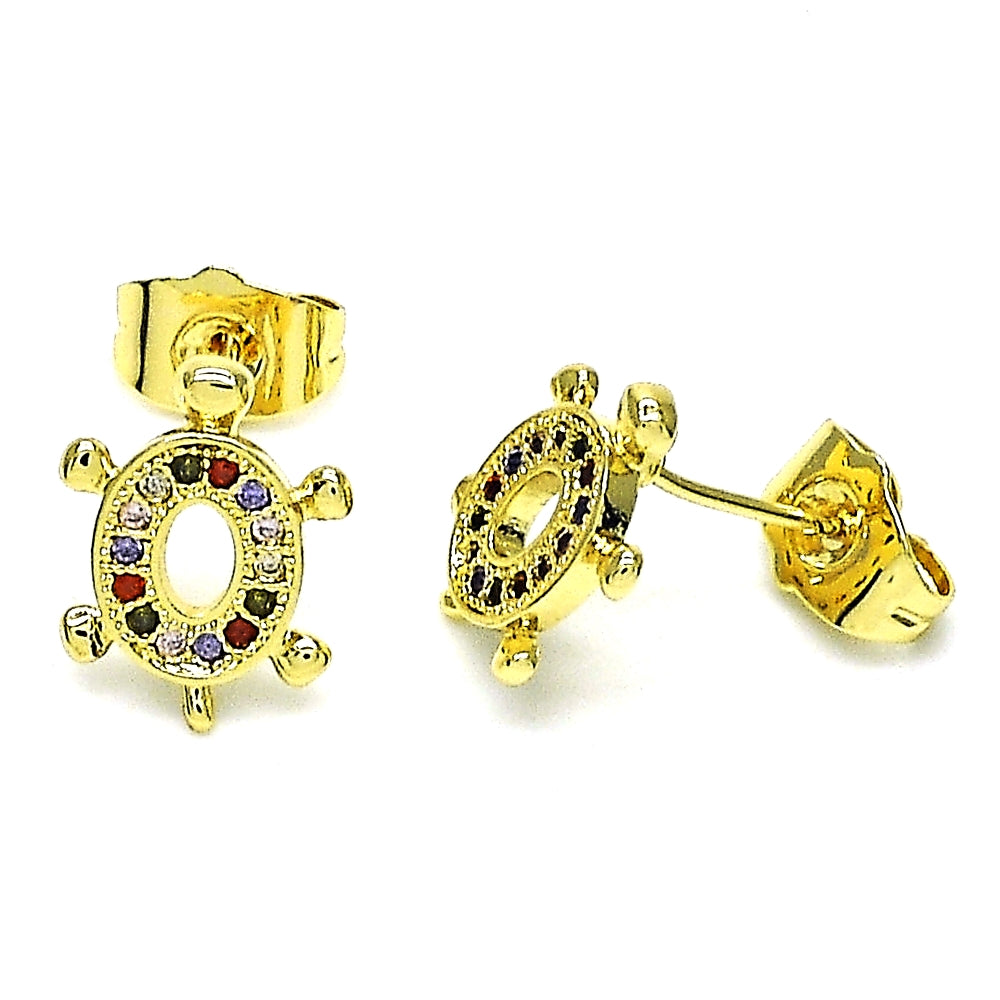 Oro Laminado Stud Earring, Gold Filled Style Turtle Design, with Multicolor Micro Pave, Polished, Golden Finish