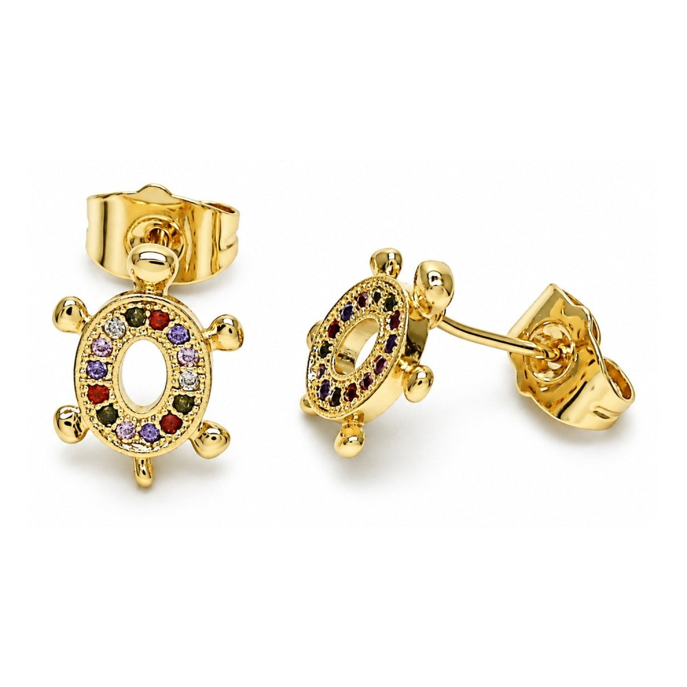 Oro Laminado Stud Earring, Gold Filled Style Turtle Design, with Multicolor Micro Pave, Polished, Golden Finish