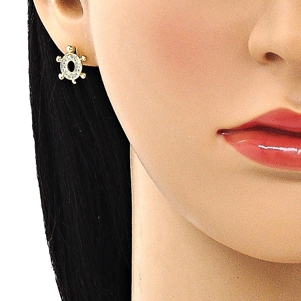 Oro Laminado Stud Earring, Gold Filled Style Turtle Design, with White Micro Pave, Polished, Golden Finish