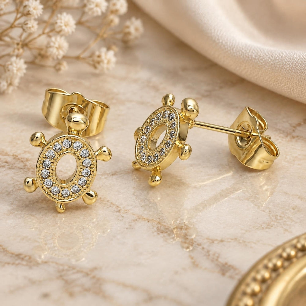 Oro Laminado Stud Earring, Gold Filled Style Turtle Design, with White Micro Pave, Polished, Golden Finish