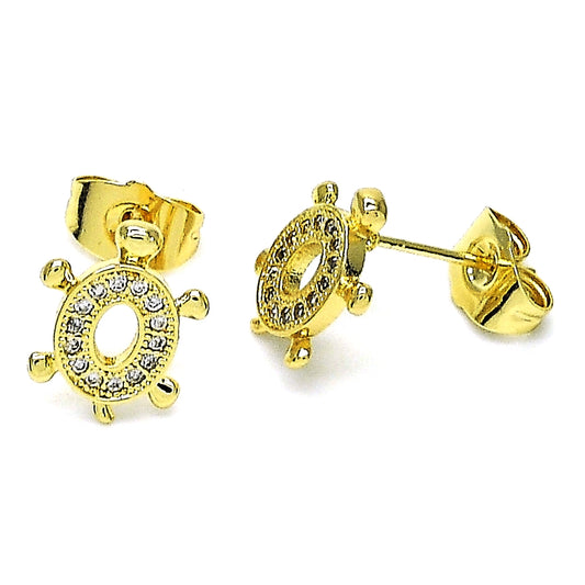 Oro Laminado Stud Earring, Gold Filled Style Turtle Design, with White Micro Pave, Polished, Golden Finish