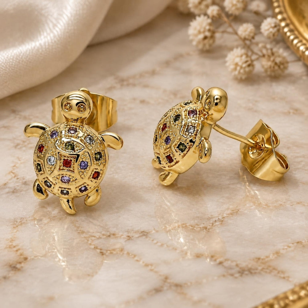 Oro Laminado Stud Earring, Gold Filled Style Turtle Design, with Multicolor Micro Pave, Polished, Golden Finish