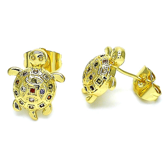 Oro Laminado Stud Earring, Gold Filled Style Turtle Design, with Multicolor Micro Pave, Polished, Golden Finish
