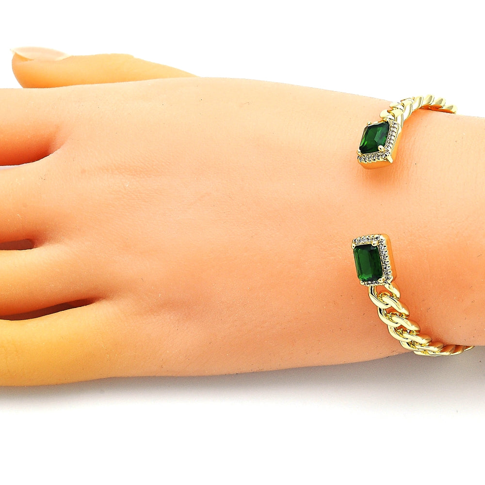 Oro Laminado Individual Bangle, Gold Filled Style Miami Cuban Design, with Green Cubic Zirconia and White Micro Pave, Polished, Golden Finish