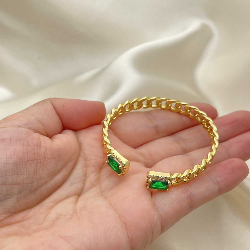 Oro Laminado Individual Bangle, Gold Filled Style Miami Cuban Design, with Green Cubic Zirconia and White Micro Pave, Polished, Golden Finish
