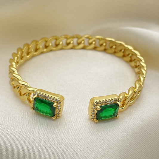 Oro Laminado Individual Bangle, Gold Filled Style Miami Cuban Design, with Green Cubic Zirconia and White Micro Pave, Polished, Golden Finish