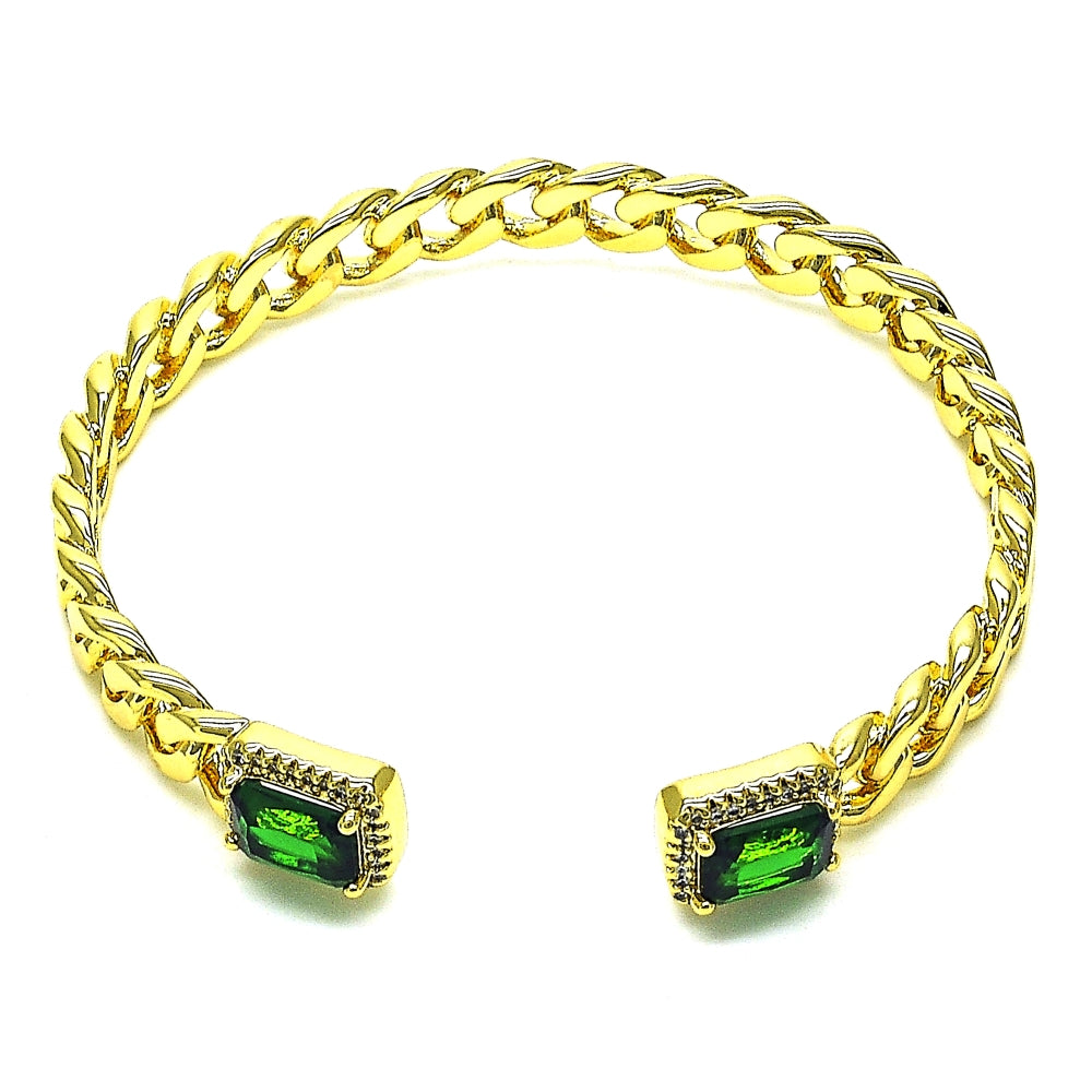 Oro Laminado Individual Bangle, Gold Filled Style Miami Cuban Design, with Green Cubic Zirconia and White Micro Pave, Polished, Golden Finish
