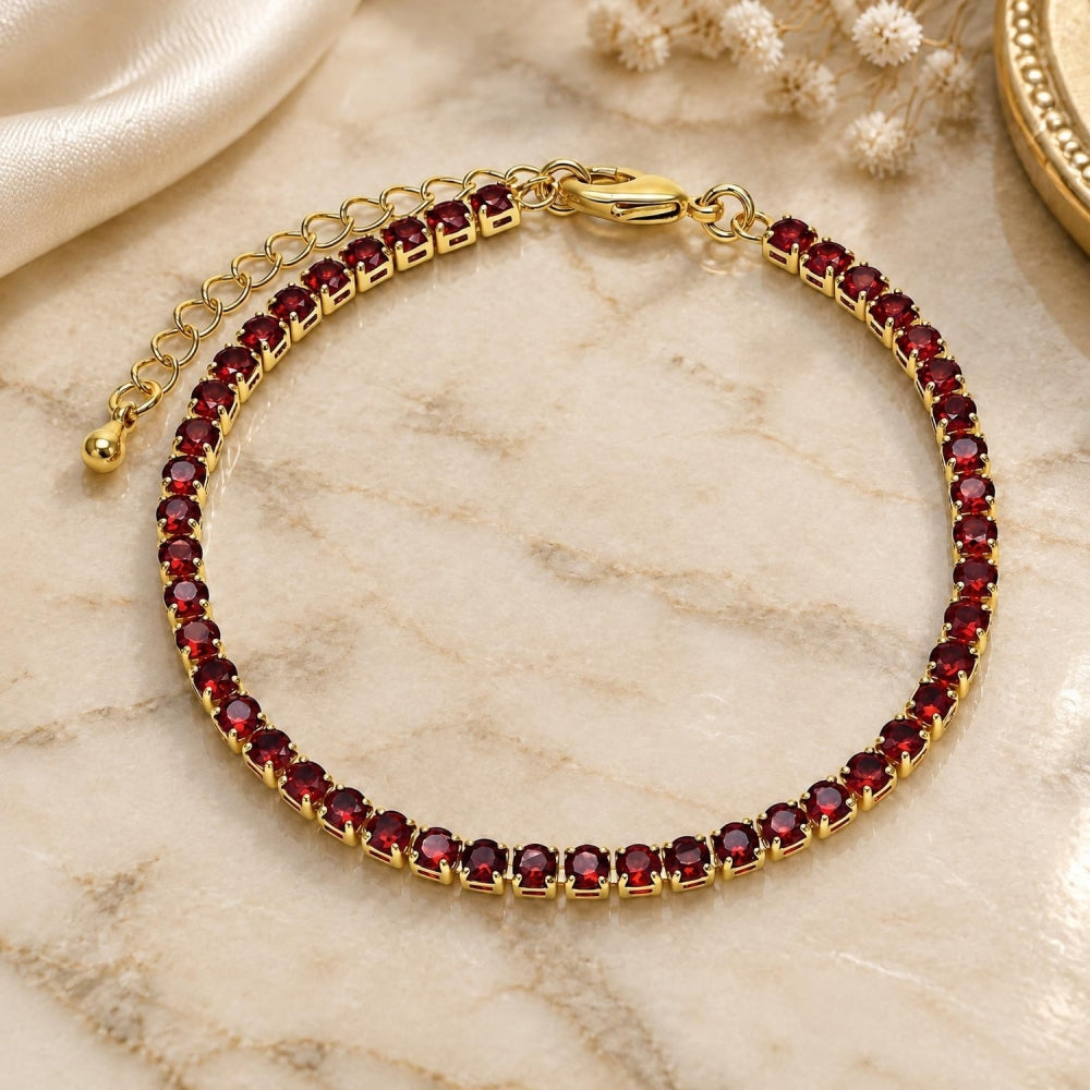 Oro Laminado Tennis Bracelet, Gold Filled Style with Garnet Cubic Zirconia, Polished, Golden Finish
