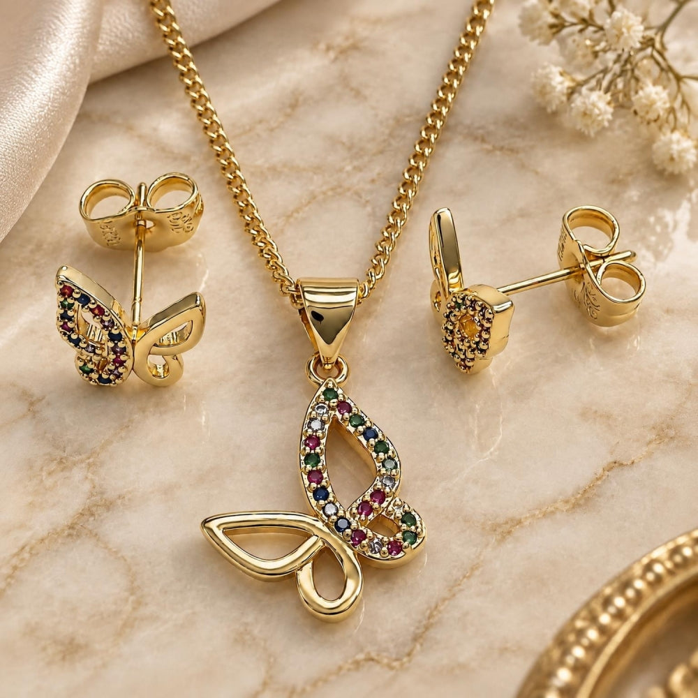 Oro Laminado Earring and Pendant Adult Set, Gold Filled Style Butterfly Design, with Multicolor Micro Pave, Polished, Golden Finish