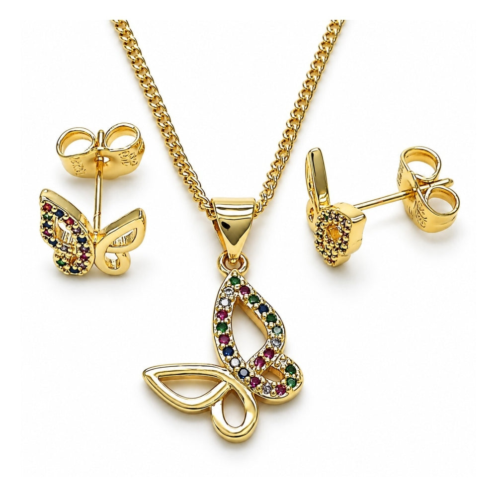 Oro Laminado Earring and Pendant Adult Set, Gold Filled Style Butterfly Design, with Multicolor Micro Pave, Polished, Golden Finish