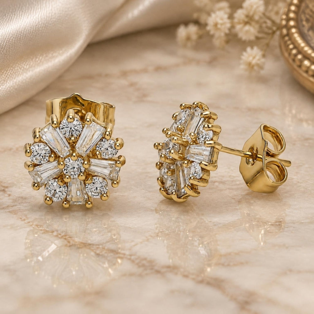 Oro Laminado Stud Earring, Gold Filled Style Flower and Baguette Design, with White Cubic Zirconia, Polished, Golden Finish