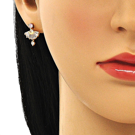 Oro Laminado Stud Earring, Gold Filled Style Baguette Design, with Pink and White Cubic Zirconia, Polished, Golden Finish