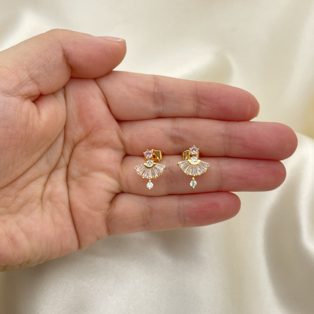 Oro Laminado Stud Earring, Gold Filled Style Baguette Design, with Pink and White Cubic Zirconia, Polished, Golden Finish