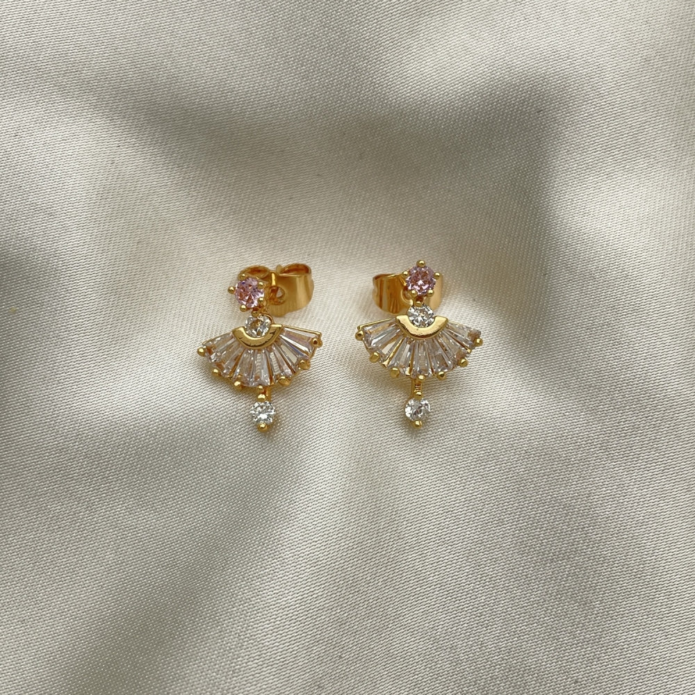 Oro Laminado Stud Earring, Gold Filled Style Baguette Design, with Pink and White Cubic Zirconia, Polished, Golden Finish