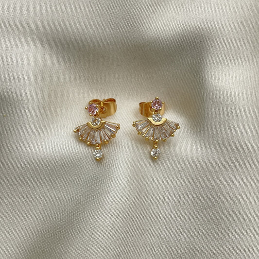 Oro Laminado Stud Earring, Gold Filled Style Baguette Design, with Pink and White Cubic Zirconia, Polished, Golden Finish