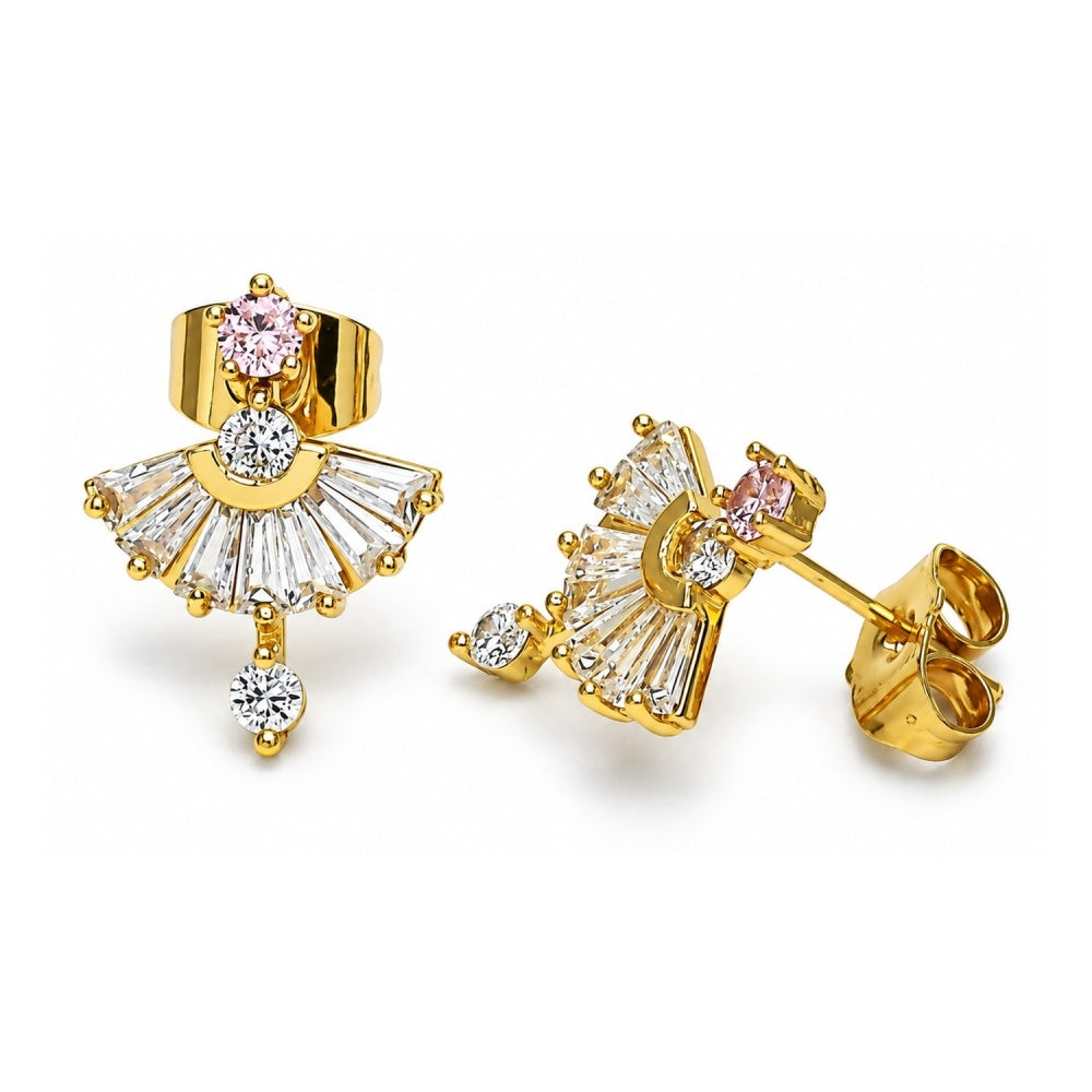Oro Laminado Stud Earring, Gold Filled Style Baguette Design, with Pink and White Cubic Zirconia, Polished, Golden Finish