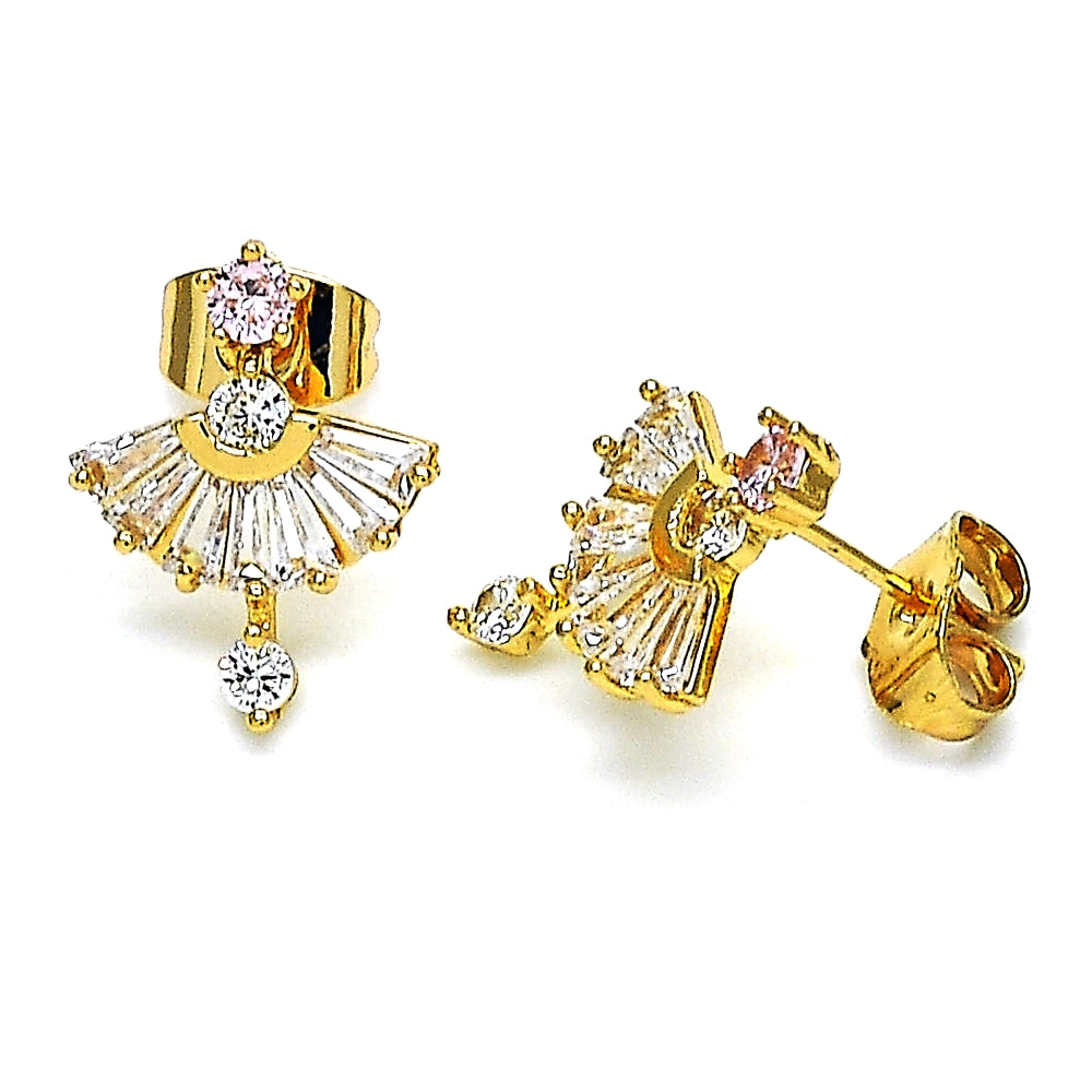 Oro Laminado Stud Earring, Gold Filled Style Baguette Design, with Pink and White Cubic Zirconia, Polished, Golden Finish