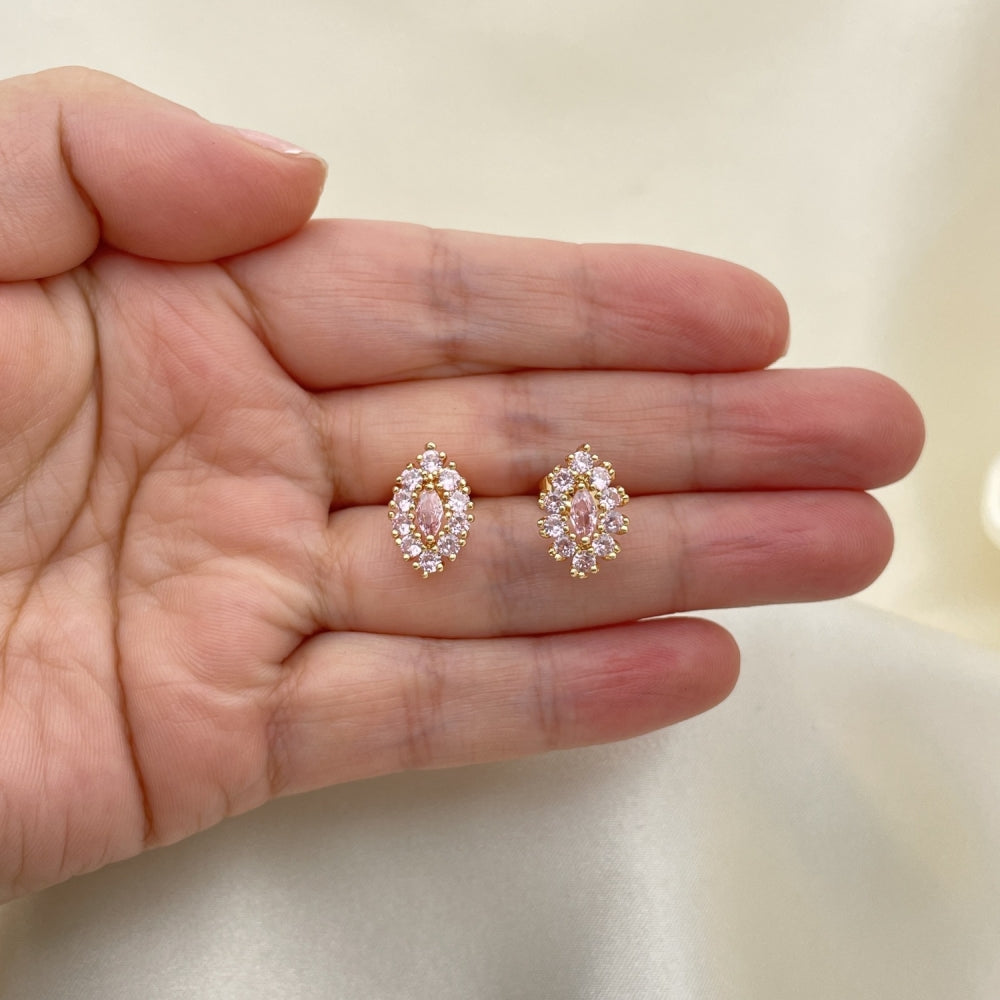Oro Laminado Stud Earring, Gold Filled Style Evil Eye Design, with Pink Cubic Zirconia, Polished, Golden Finish