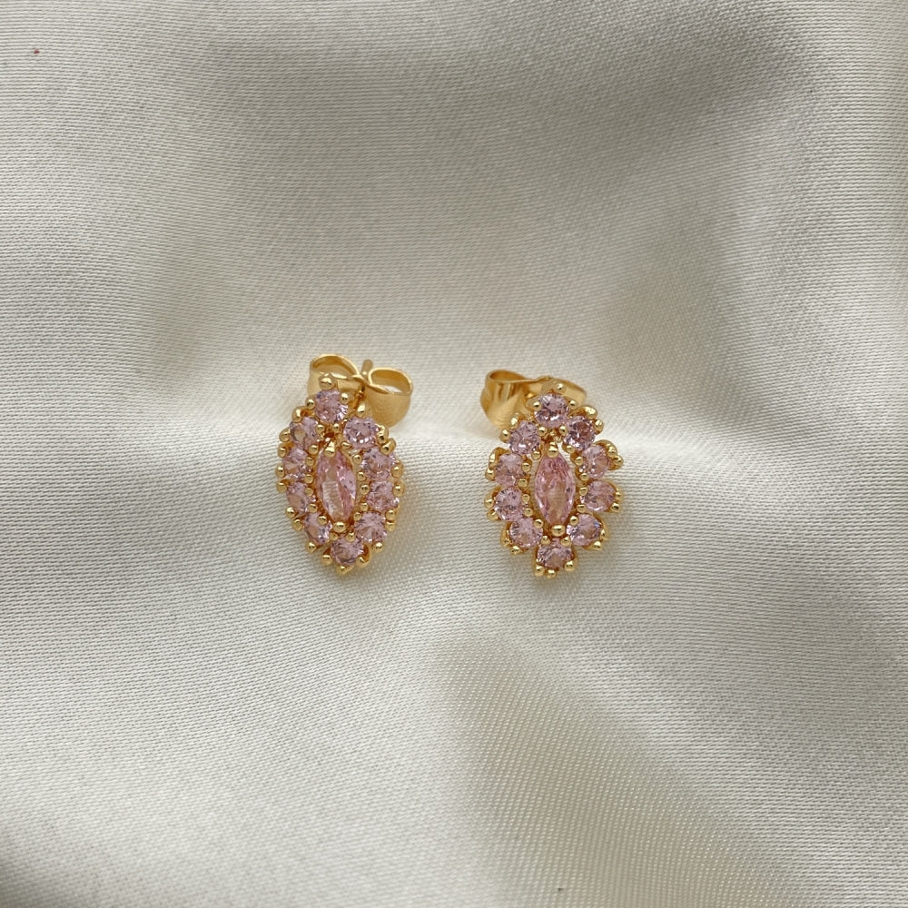 Oro Laminado Stud Earring, Gold Filled Style Evil Eye Design, with Pink Cubic Zirconia, Polished, Golden Finish