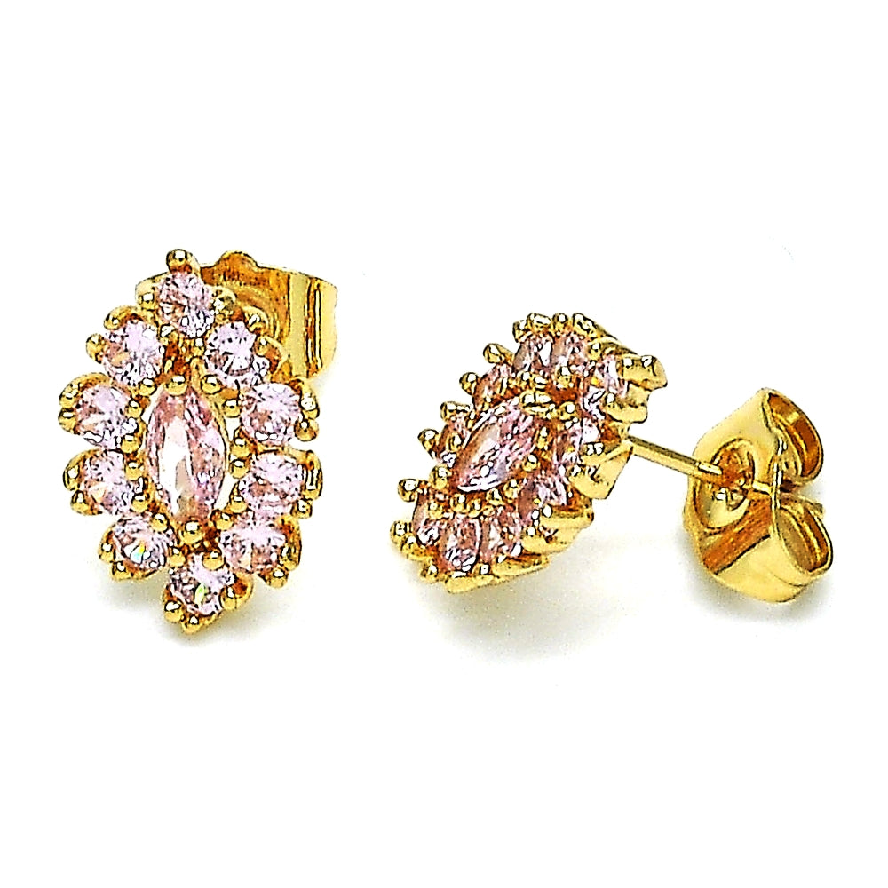 Oro Laminado Stud Earring, Gold Filled Style Evil Eye Design, with Pink Cubic Zirconia, Polished, Golden Finish