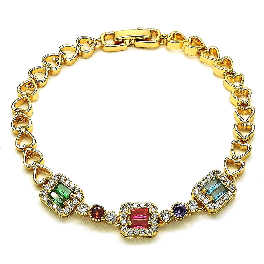 Oro Laminado Fancy Bracelet, Gold Filled Style Heart and Baguette Design, with Multicolor Cubic Zirconia, Polished, Golden Finish