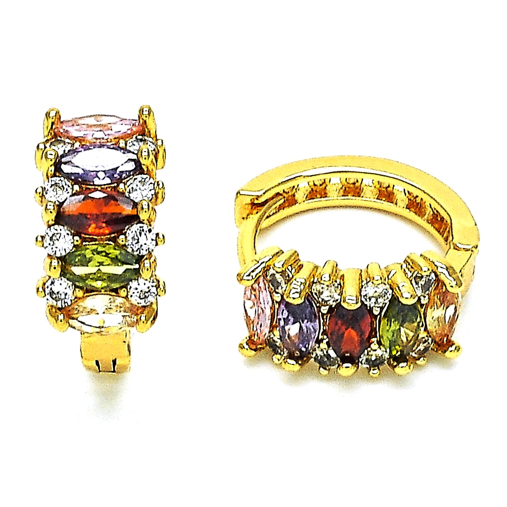 Oro Laminado Huggie Hoop, Gold Filled Style with Multicolor Cubic Zirconia, Polished, Golden Finish