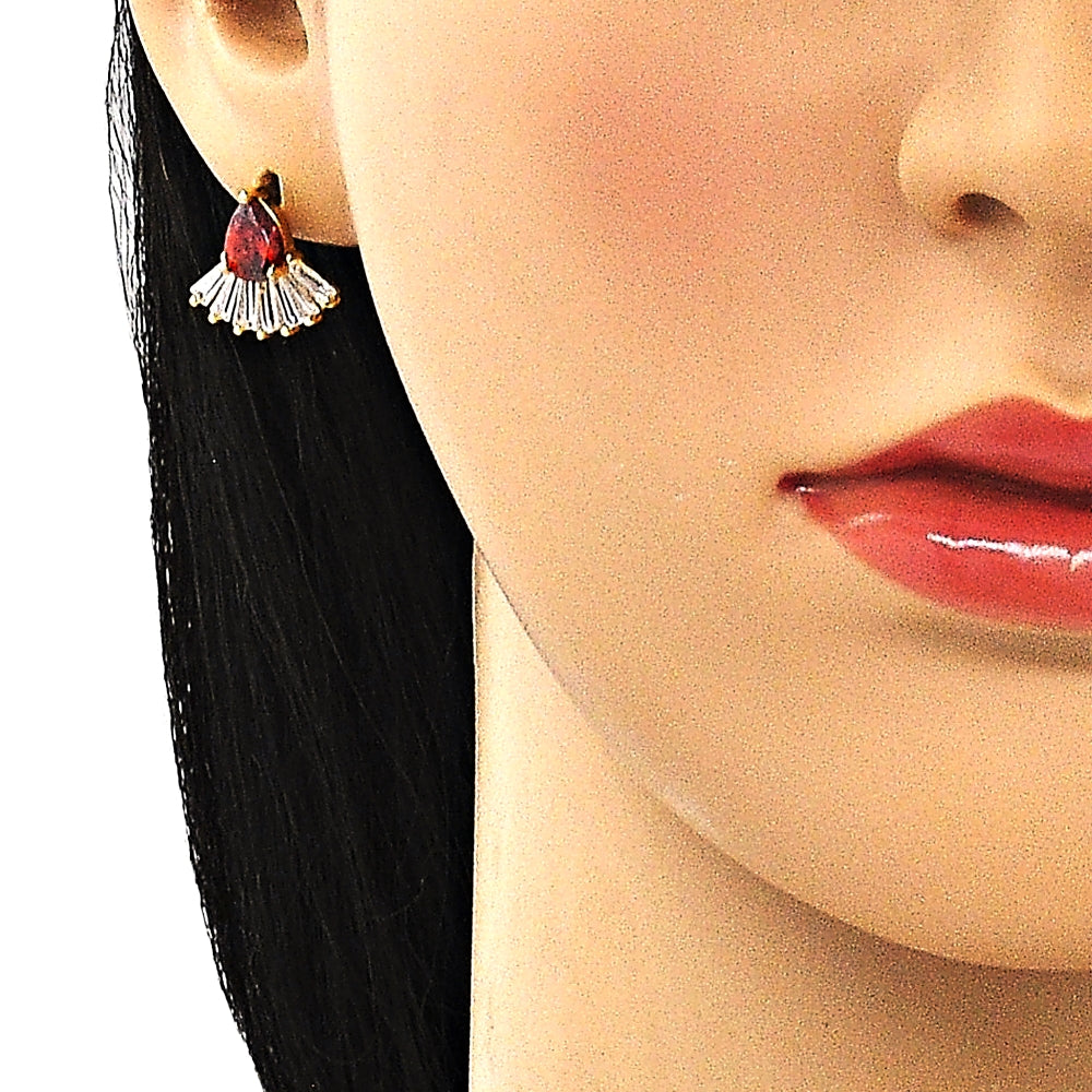 Oro Laminado Stud Earring, Gold Filled Style Teardrop and Baguette Design, with Garnet and White Cubic Zirconia, Polished, Golden Finish