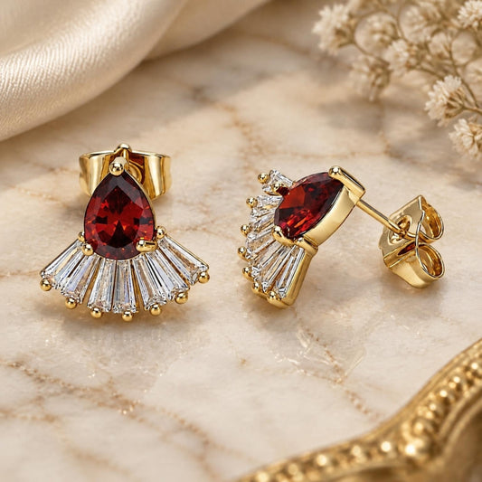 Oro Laminado Stud Earring, Gold Filled Style Teardrop and Baguette Design, with Garnet and White Cubic Zirconia, Polished, Golden Finish