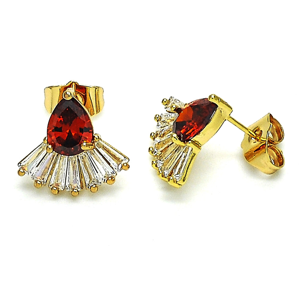 Oro Laminado Stud Earring, Gold Filled Style Teardrop and Baguette Design, with Garnet and White Cubic Zirconia, Polished, Golden Finish