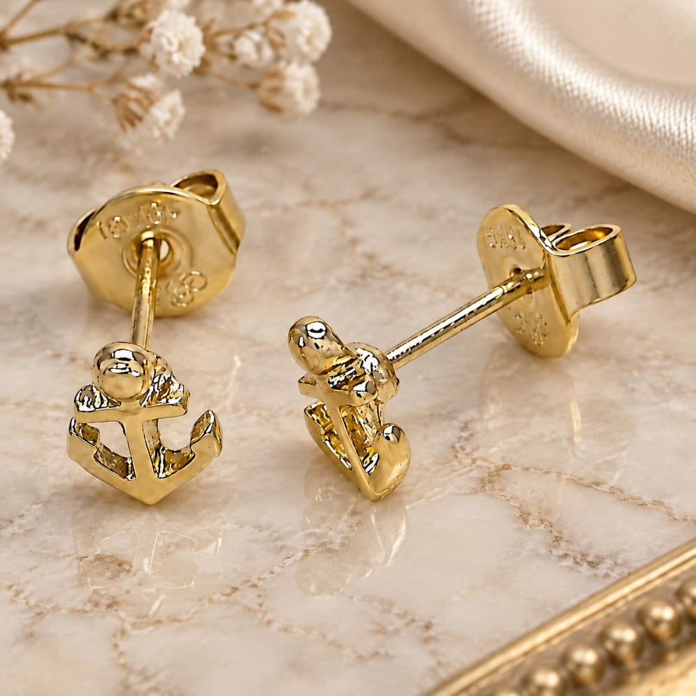Oro Laminado Stud Earring, Gold Filled Style Anchor Design, Polished, Golden Finish