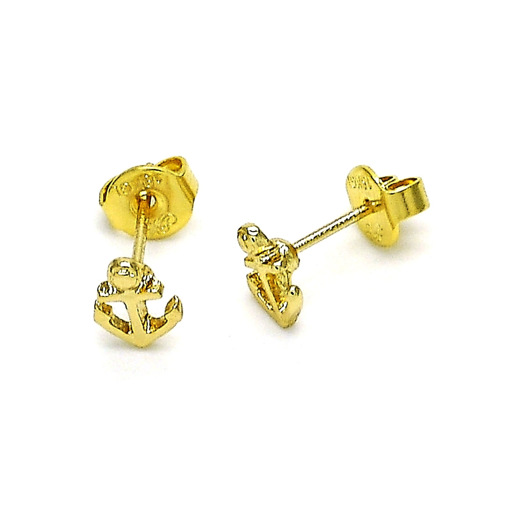 Oro Laminado Stud Earring, Gold Filled Style Anchor Design, Polished, Golden Finish