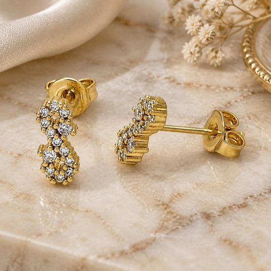Oro Laminado Stud Earring, Gold Filled Style Infinite Design, with White Micro Pave, Polished, Golden Finish