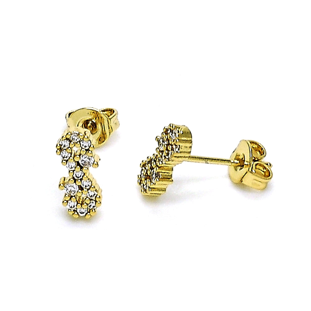 Oro Laminado Stud Earring, Gold Filled Style Infinite Design, with White Micro Pave, Polished, Golden Finish