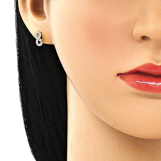 Oro Laminado Stud Earring, Gold Filled Style Infinite Design, with White Micro Pave, Polished, Golden Finish
