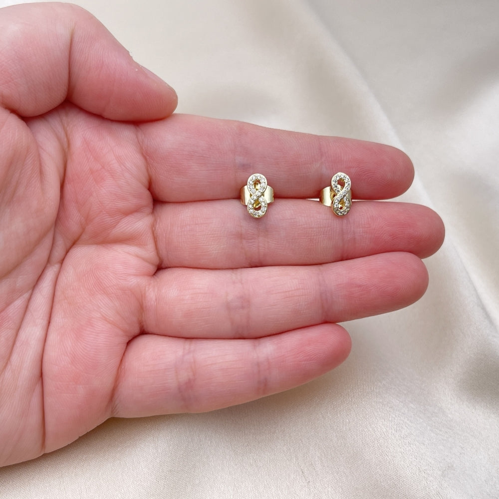 Oro Laminado Stud Earring, Gold Filled Style Infinite Design, with White Micro Pave, Polished, Golden Finish