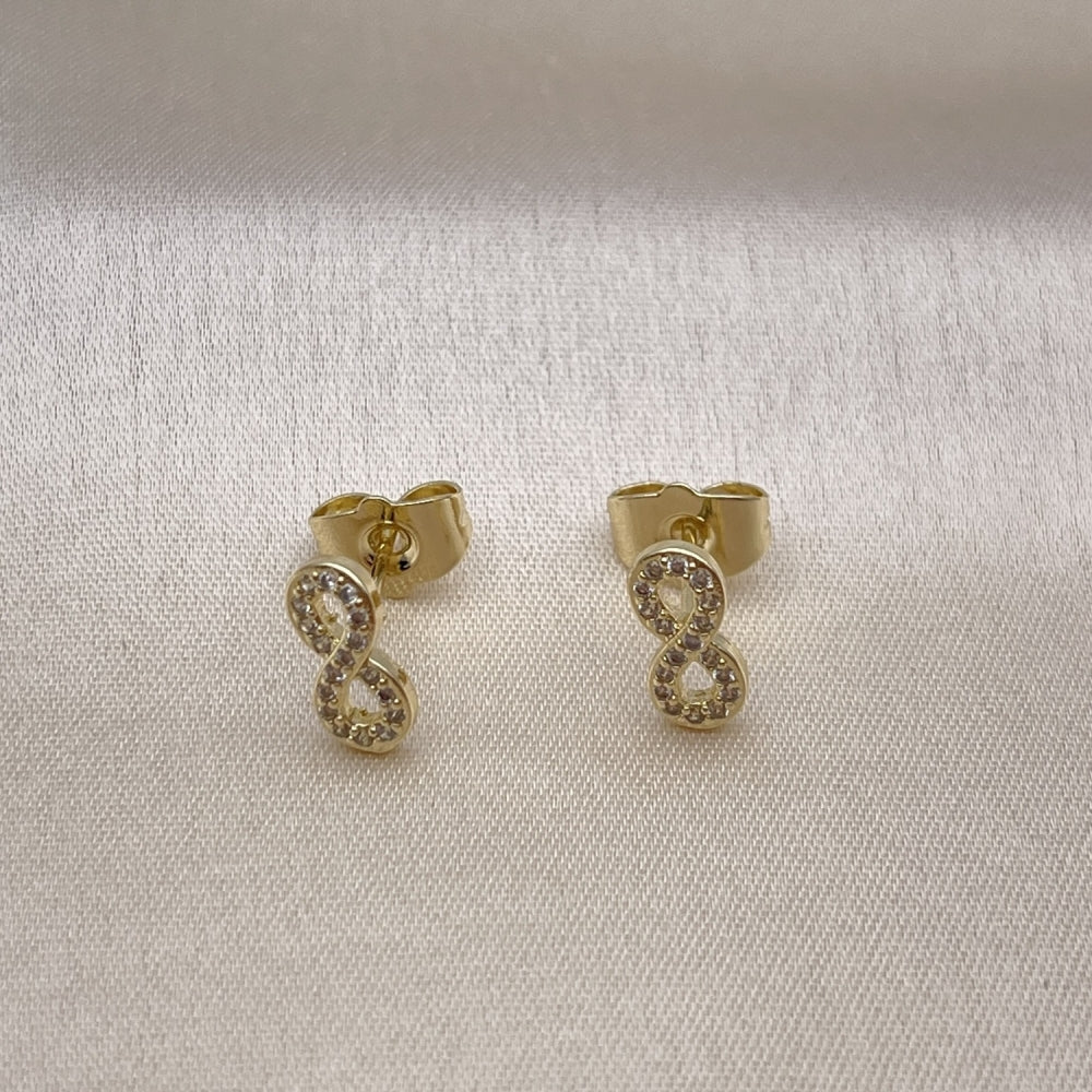 Oro Laminado Stud Earring, Gold Filled Style Infinite Design, with White Micro Pave, Polished, Golden Finish