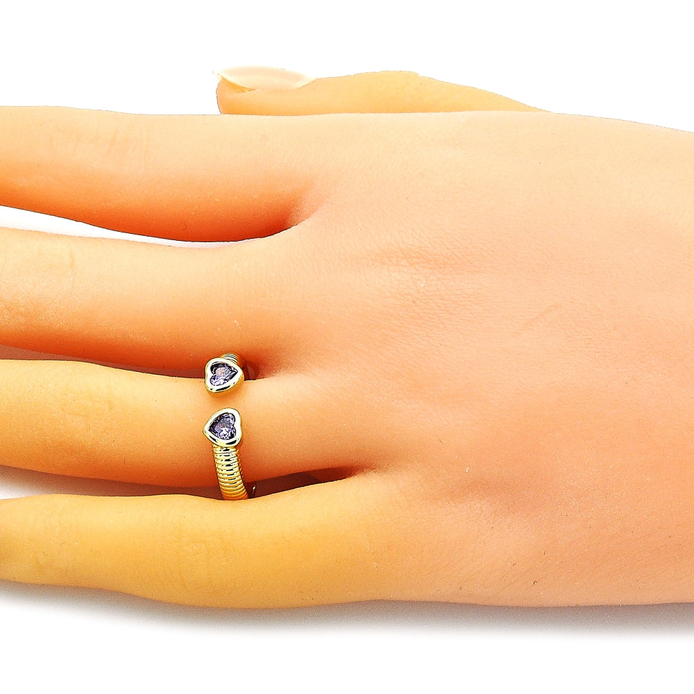 Oro Laminado Multi Stone Ring, Gold Filled Style Heart Design, with Amethyst Cubic Zirconia, Polished, Golden Finish