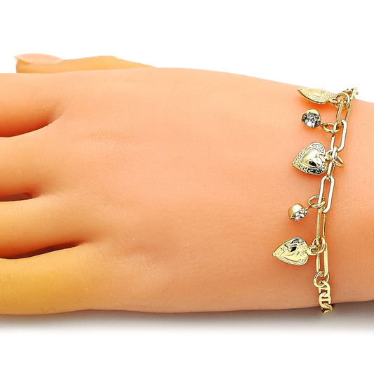 Oro Laminado Charm Bracelet, Gold Filled Style Heart and Paperclip Design, with White Crystal, Polished, Golden Finish