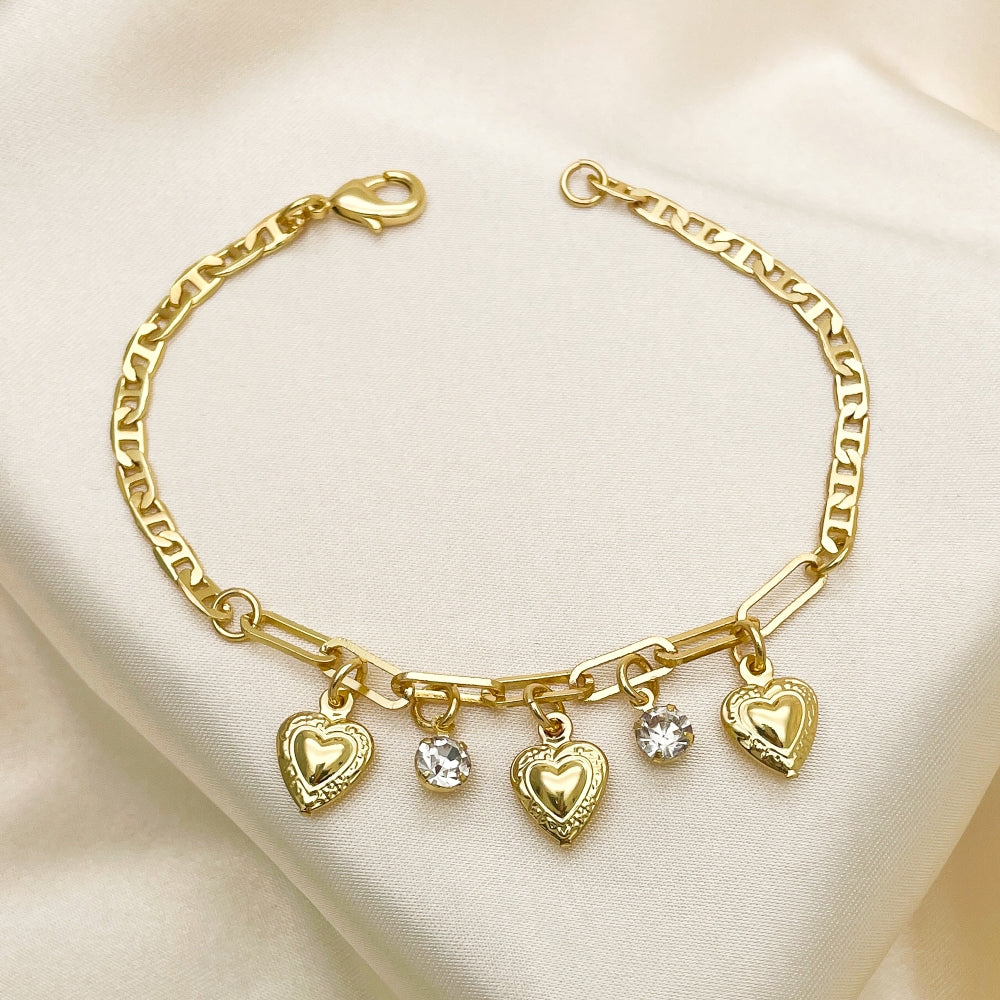 Oro Laminado Charm Bracelet, Gold Filled Style Heart and Paperclip Design, with White Crystal, Polished, Golden Finish