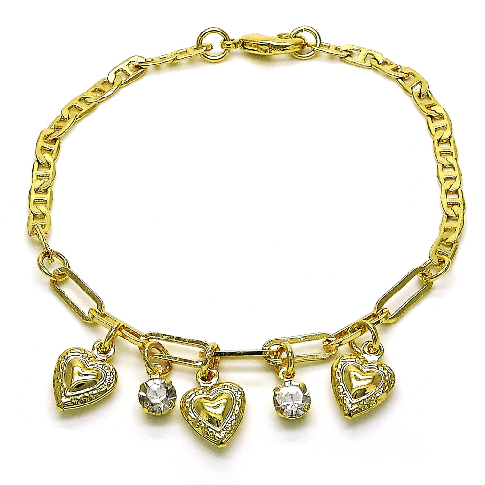 Oro Laminado Charm Bracelet, Gold Filled Style Heart and Paperclip Design, with White Crystal, Polished, Golden Finish