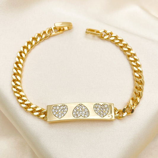 Oro Laminado Fancy Bracelet, Gold Filled Style Heart Design, with White Micro Pave, Polished, Golden Finish