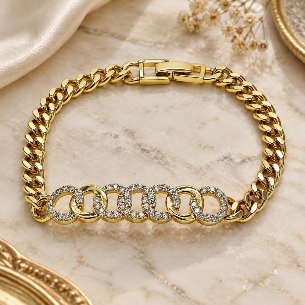 Oro Laminado Fancy Bracelet, Gold Filled Style with White Micro Pave, Polished, Golden Finish