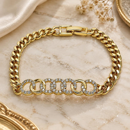 Oro Laminado Fancy Bracelet, Gold Filled Style with White Micro Pave, Polished, Golden Finish