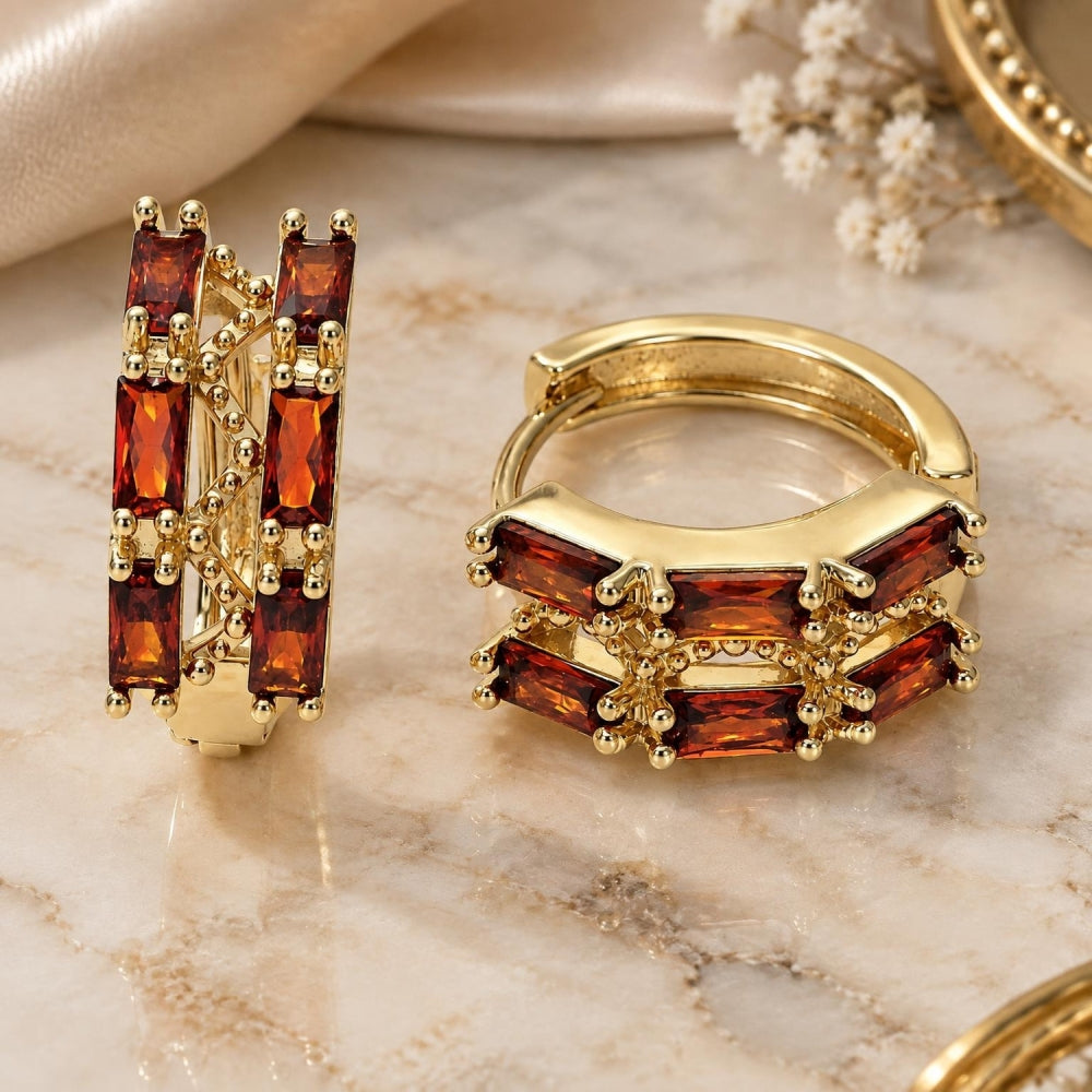 Oro Laminado Huggie Hoop, Gold Filled Style Baguette Design, with Garnet Cubic Zirconia, Polished, Golden Finish