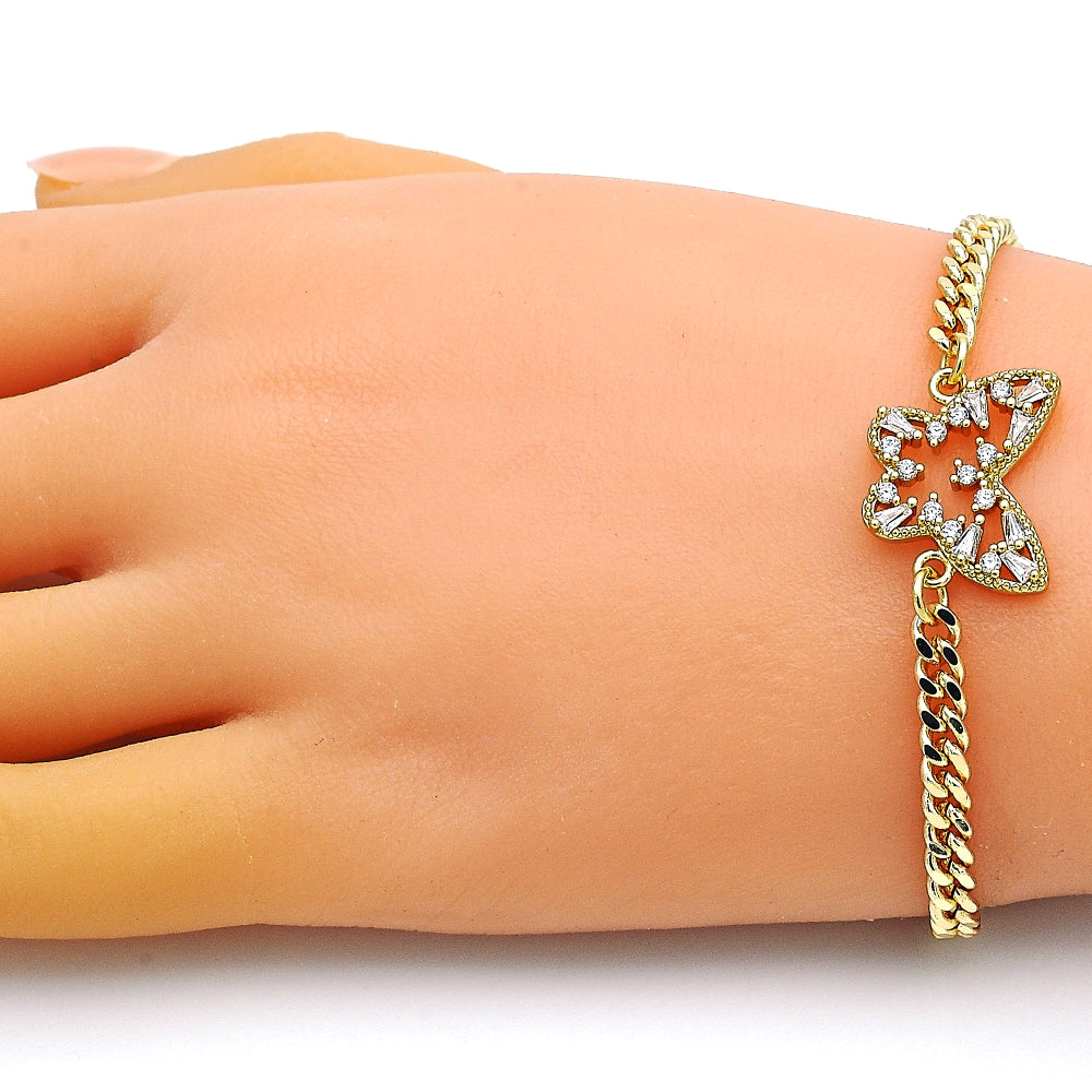 Oro Laminado Fancy Bracelet, Gold Filled Style Butterfly and Baguette Design, with White Cubic Zirconia, Polished, Golden Finish