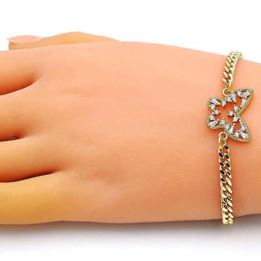 Oro Laminado Fancy Bracelet, Gold Filled Style Butterfly and Baguette Design, with White Cubic Zirconia, Polished, Golden Finish