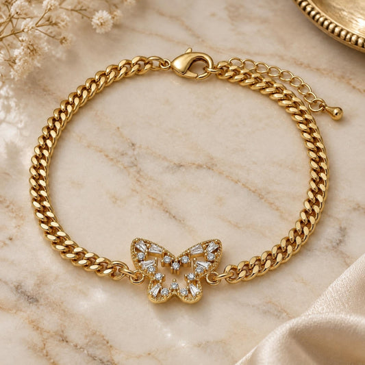 Oro Laminado Fancy Bracelet, Gold Filled Style Butterfly and Baguette Design, with White Cubic Zirconia, Polished, Golden Finish